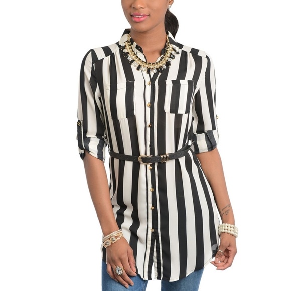 Intro Black/ White Striped Shirt with Belt - Picture 2 of 3